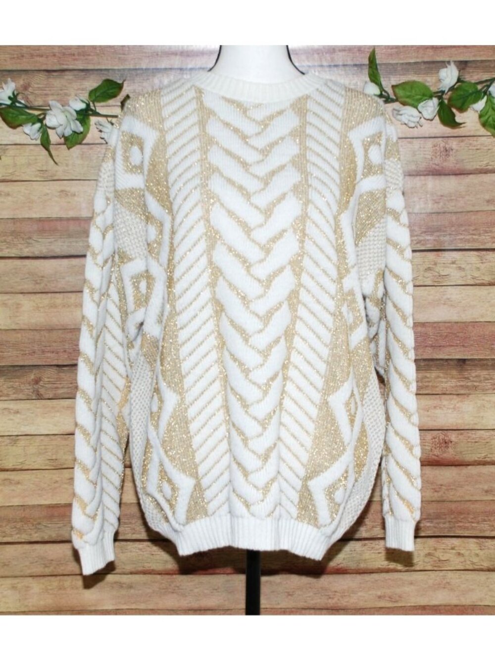 VTG Jane Adams White & Gold Geometric Metallic Sweater Size XL USA Made
